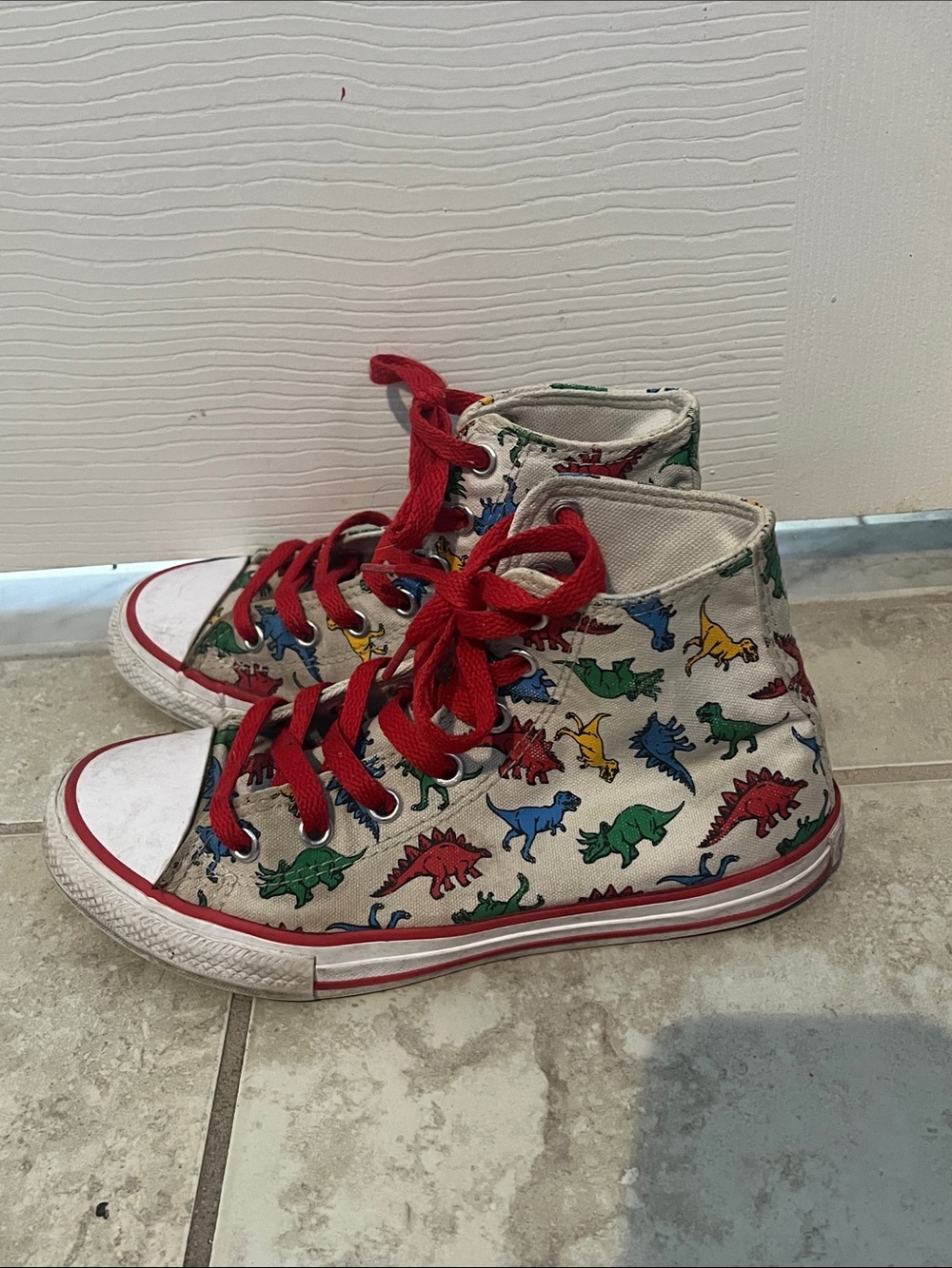 Converse Kids High-Top Sneakers with Red Laces and Multicolor Dinosaur Print